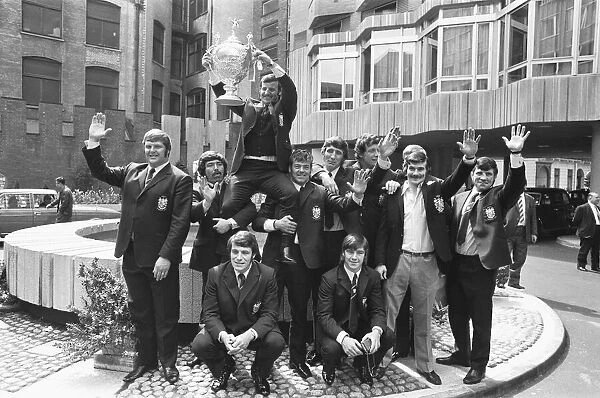Leigh Rugby League Football team seen here celebrating outside their London hotel the day