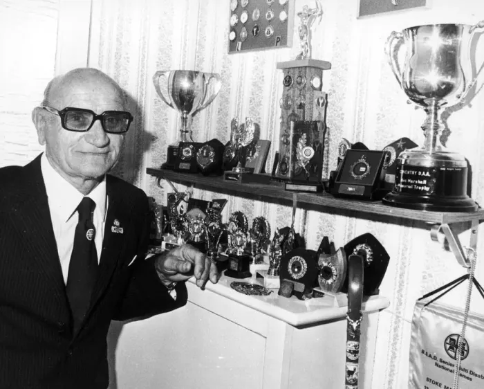 Framed Print : Len Tasker disabled sportsman seen here with his sporting trophies. 19th July 1983 Framed Print : Len Tasker disabled sportsman seen here with his sporting trophies. 19th July 1983