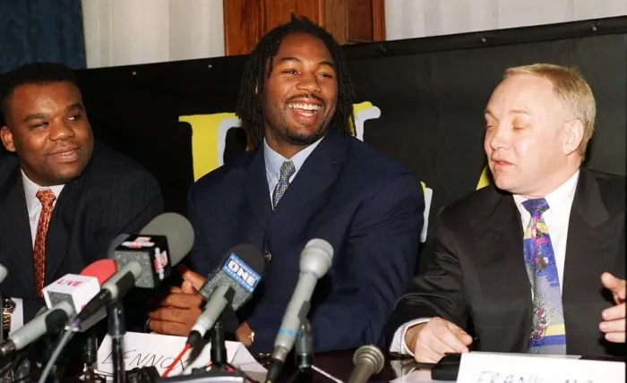 Framed Print : Lennox Lewis at press conference announcing next fight with Warren McCall at the Law
