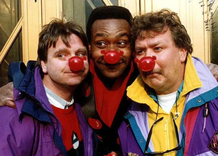 Framed Print : Lenny Henry comedian with Hale and Pace advertising charity red nose day A©mirrorpix