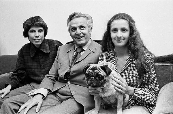 Leo Abse MP with children Tobias and Bathsheba holding pug dog. 22nd May 1973