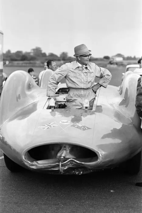 Framed Print : Leo Villa mechanic with Proteus Bluebird, the car in which Donald Campbell broke Framed Print : Leo Villa mechanic with Proteus Bluebird, the car in which Donald Campbell broke