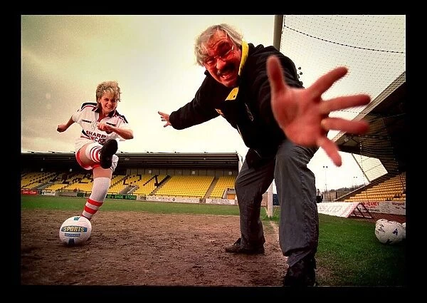 Lesley Fitzsimons actress kicks ball past Jim Leishman March 1998 PIC BY CHRIS