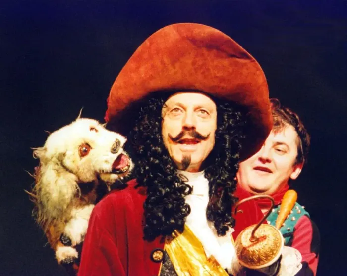 Framed Print : Lesley Grantham as Captain Hook with Joe Pasquale in the Pantomime Peter Pan Framed Print : Lesley Grantham as Captain Hook with Joe Pasquale in the Pantomime Peter Pan