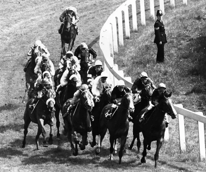 Framed Print : Lester Piggott (hooped sleeves) on Sir Ivor at Tattenham Corner goes on to win The Derby