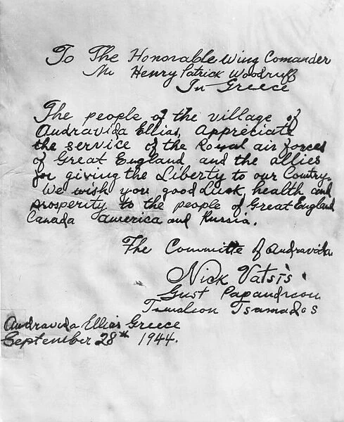 A letter addressed to a RAF Wing Commander by the people of a Greek village liberated by