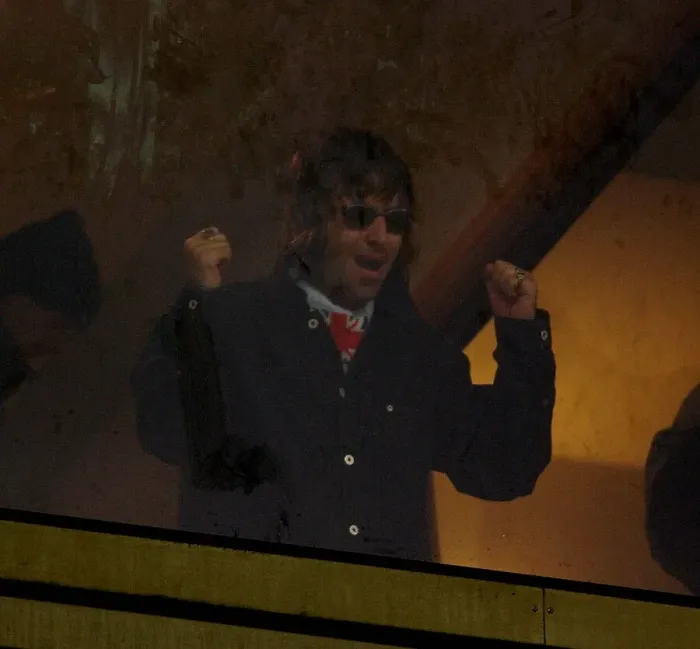 Framed Print : Liam Gallagher of Oasis celebrates the win May 1999 of his team Gillingham v
