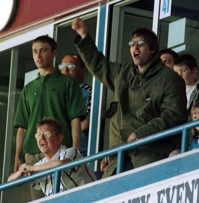 Framed Print : Liam Gallagher pop singer cheers on Manchester City August 1997 English First Division Framed Print : Liam Gallagher pop singer cheers on Manchester City August 1997 English First Division