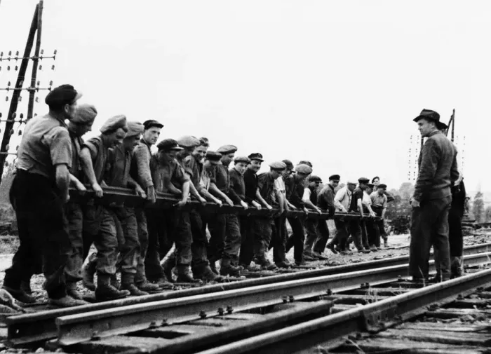 Framed Print : Liberation of Europe: British Sappers and French railmen repair damaged Normandy railway Framed Print : Liberation of Europe: British Sappers and French railmen repair damaged Normandy railway