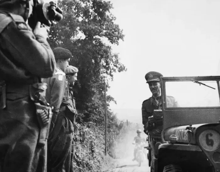 Framed Print : Lieut. Gen. M. C Dempsey, O. B. E M. C (in jeep) talking to Major the Marquis of Hartington Framed Print : Lieut. Gen. M. C Dempsey, O. B. E M. C (in jeep) talking to Major the Marquis of Hartington