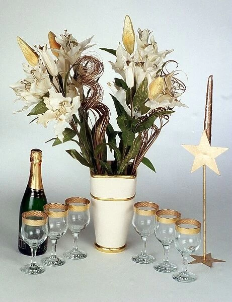Life Style October 1998 White vase with lilies bottle of champagne glasses