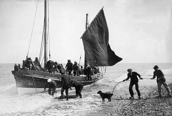 Lifeboat at Aldeburgh, Suffolk, The James Leath being hauled ashore