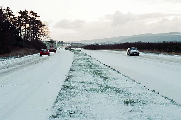Light traffic on road as cold snap hits Ormesby Bank, Middlesbrough, 28th February 1993