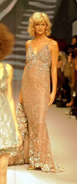 Linda Evangelista in a beaded dress at Paris fashion show October 1994