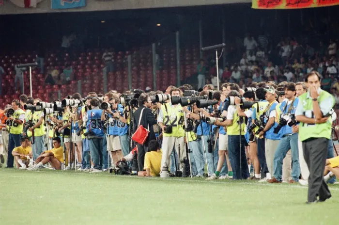 Framed Print : Line of photographers at England v Cameroon World Cup Quarter Final match at the Stadio Framed Print : Line of photographers at England v Cameroon World Cup Quarter Final match at the Stadio