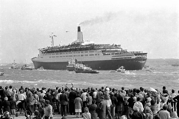 The liner QE2 departs from Southampton to take British soldiers off to war in