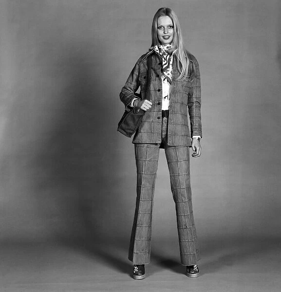 Lise-Lotte. Swedish model wearing flaired trouser suit. March 1975 75-01268-004