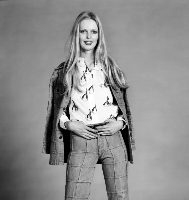 Framed Print : Lise-Lotte. Swedish model wearing flaired trouser suit. March 1975 75-01268-002 Framed Print : Lise-Lotte. Swedish model wearing flaired trouser suit. March 1975 75-01268-002