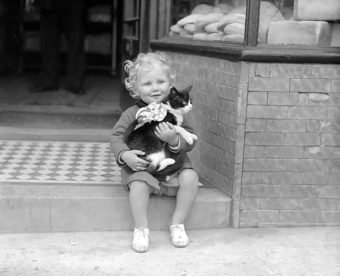 Framed Print : Little Girl With Cat A small child sitting on the steps of a shop holding a cat in Framed Print : Little Girl With Cat A small child sitting on the steps of a shop holding a cat in