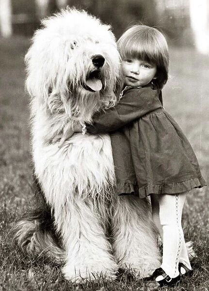 a little girl hugs her canine companion - an old english sheepdog