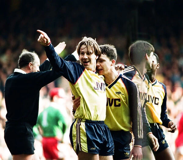 Liverpool 0 v. Arsenal 1. Paul Mersons celebrates his 66th minute goal to help
