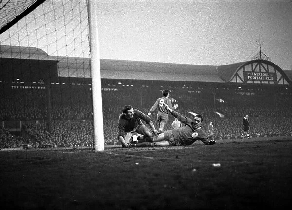 Liverpool 1 v. Coventry 0. English Division One. Glaxier dives to save from Hateley with