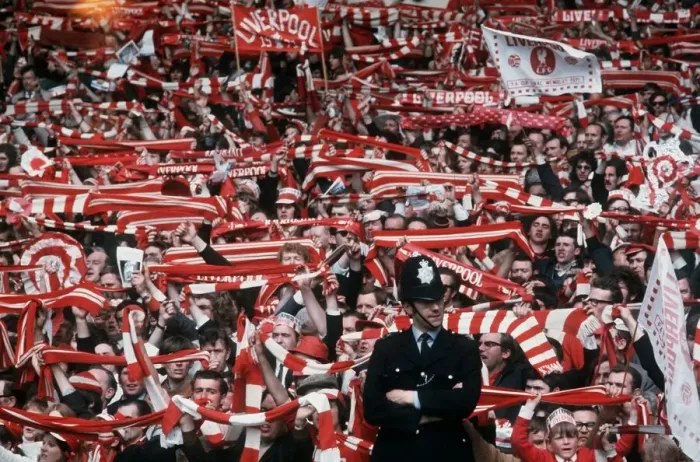 Framed Print : Liverpool fans FA Cup final 1971 Arsenal Liverpool football supporters waving scarves
