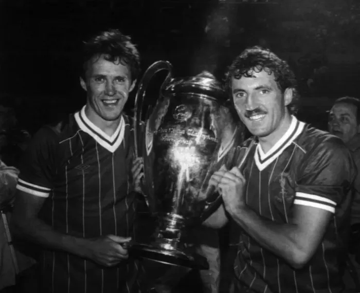 Framed Print : Liverpool FC players Phil Neal and Alan Kennedy with the European Cup