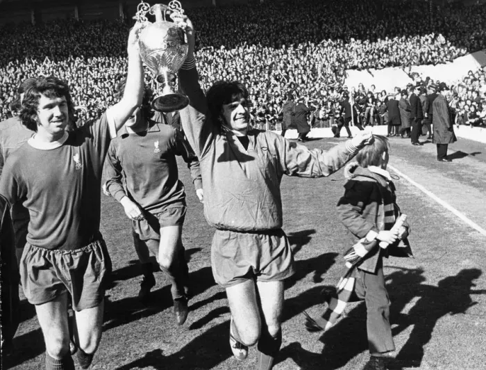 Framed Print : Liverpool Football team celebrate winning their 8th League championship title after a Framed Print : Liverpool Football team celebrate winning their 8th League championship title after a
