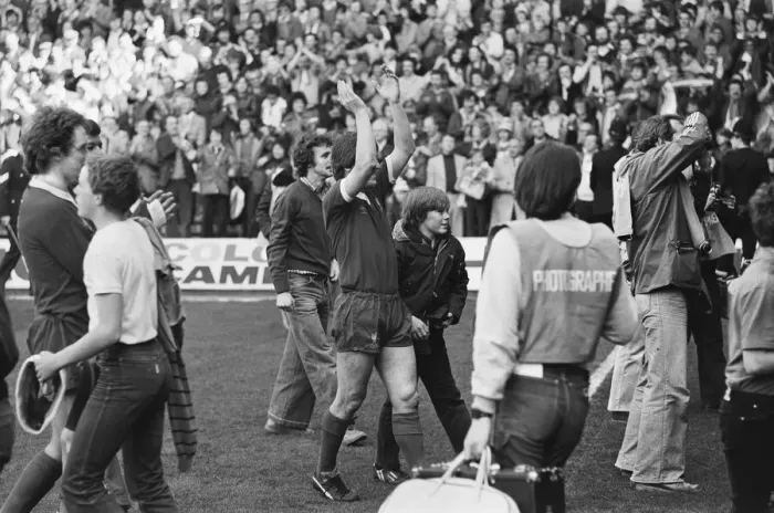 Framed Print : Liverpool Football team celebrate winning the League title after defeating Aston Villa