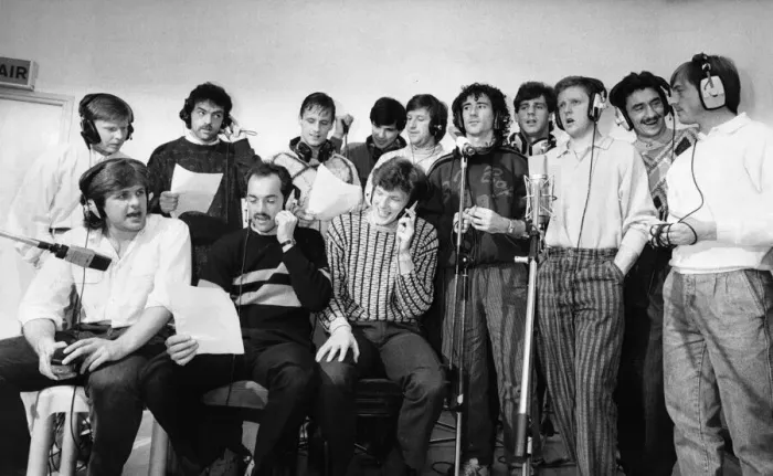 Framed Print : Liverpool Football team line up in the Yellow 2 recording studio in Stockport to record Framed Print : Liverpool Football team line up in the Yellow 2 recording studio in Stockport to record