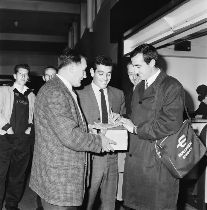 Framed Print : Liverpool footballer with Bob Paisley and Ian Callaghan at Ringway Airport Framed Print : Liverpool footballer with Bob Paisley and Ian Callaghan at Ringway Airport