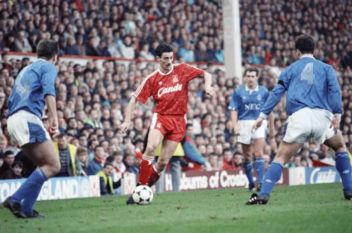 Framed Print : Liverpool footballer Ian Rush in match against Merseyside rivals Everton during the derby Framed Print : Liverpool footballer Ian Rush in match against Merseyside rivals Everton during the derby