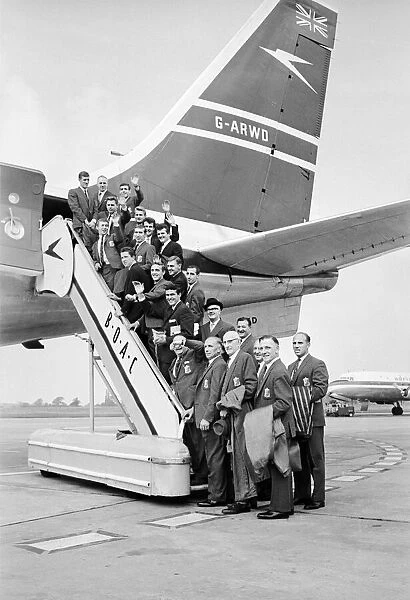 Liverpool footballers and their manager Bill Shankly board their Iceland bound flight at