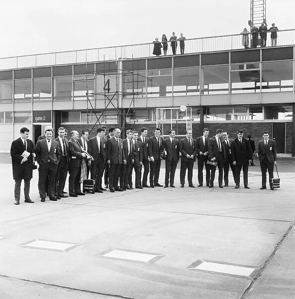Liverpool footballers at Ringway Airport, Manchester before boarding the plane for their