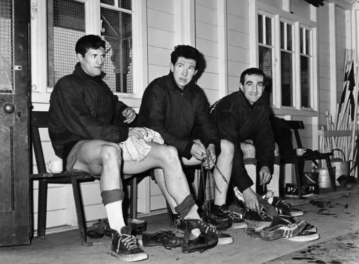 Framed Print : Liverpool footballers Willie Stevenson, Chris Lawler and Gerry Byrne take off their Framed Print : Liverpool footballers Willie Stevenson, Chris Lawler and Gerry Byrne take off their