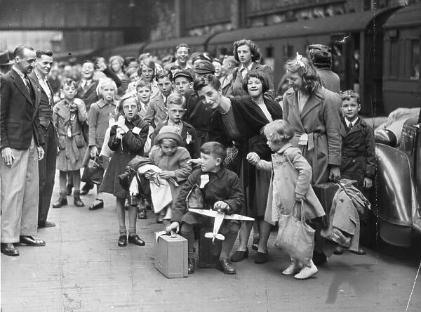 Liverpool - July 1944. Evacuation children at a Liverpool Train Station