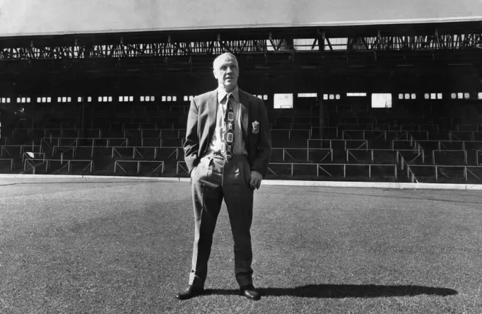 Framed Print : Liverpool manager Bil Shankly stands in front of an empty stand at Anfield