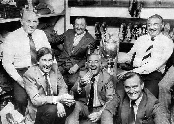 Liverpool manager Bob Paisley in the boot room with his staff left to right