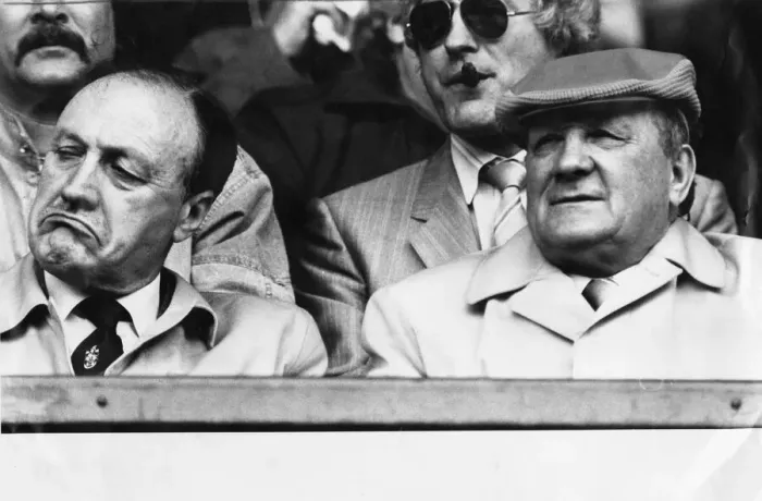 Framed Print : Liverpool manager Bob Paisley and chairman John Smith watching a match at Anfield Framed Print : Liverpool manager Bob Paisley and chairman John Smith watching a match at Anfield