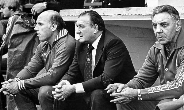 Liverpool manager Bob Paisley flanked by Ronnie Moran and Joe Fagan during his side