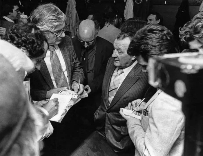 Framed Print : Liverpool manager Bob paisley speaks to reporters as his Liverpool side claim another