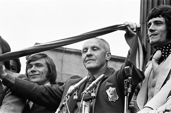 Liverpool manager Bill Shankly acknowledges the huge crowd which turned out