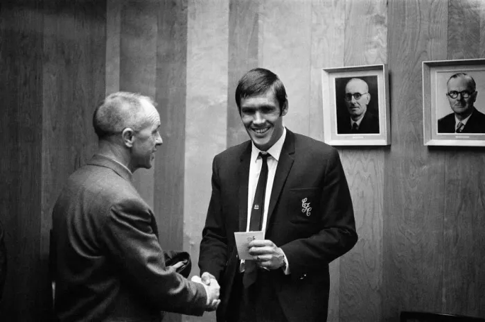 Framed Print : Liverpool manager Bill Shankly gives a farewell handshake to centre forward Tony Hateley Framed Print : Liverpool manager Bill Shankly gives a farewell handshake to centre forward Tony Hateley