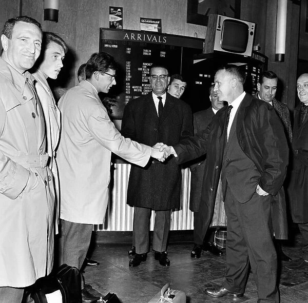 Liverpool manager Bill Shankly greets Jozef Jurion, captain of the Belgian team