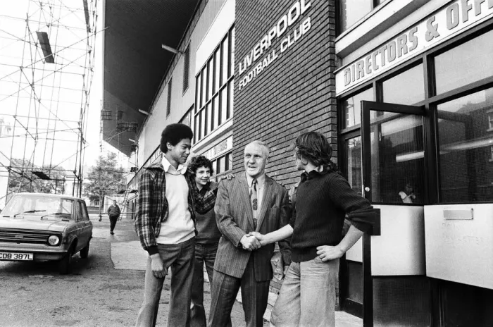 Framed Print : Liverpool manager Bill Shankly greets young fans outside the directors office at Anfield Framed Print : Liverpool manager Bill Shankly greets young fans outside the directors office at Anfield
