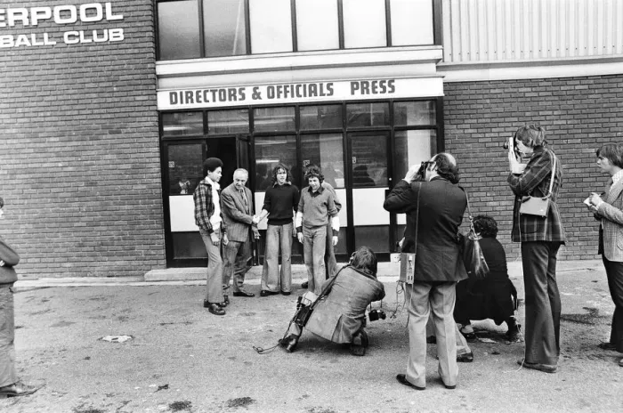 Framed Print : Liverpool manager Bill Shankly greets young fans outside the directors office at Anfield