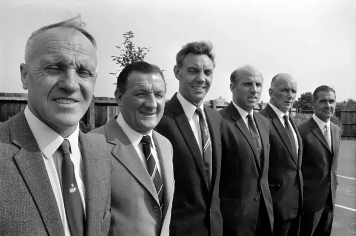 Framed Print : Liverpool manager Bill Shankly (left) and his new team of backroom staff (left to right)