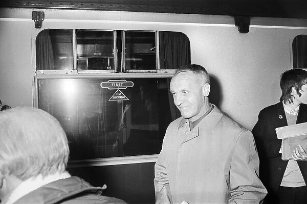 Liverpool manager Bill Shankly pictured at Euston Station after arriving in the capital