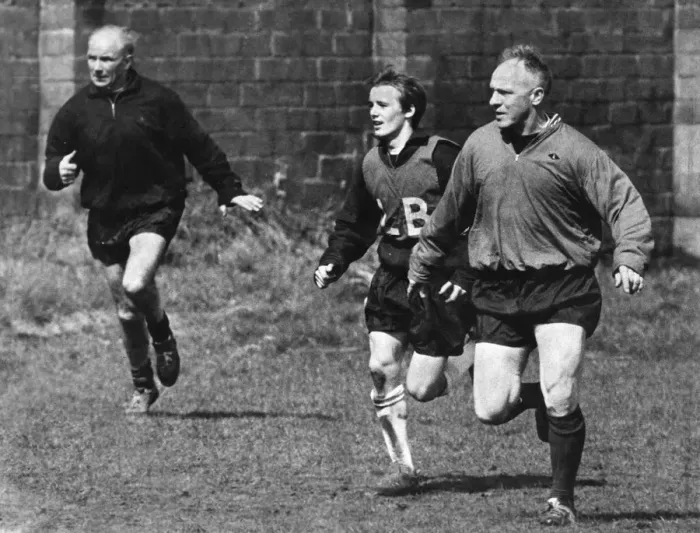 Framed Print : Liverpool manager Bill Shankly (right) takes part in a training session at Melwood with Framed Print : Liverpool manager Bill Shankly (right) takes part in a training session at Melwood with
